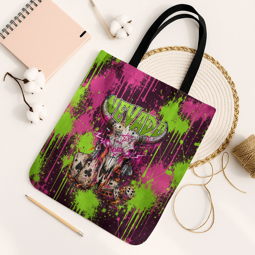 Nevada Area 51 Bull Skull Alien UFO Tote Bag Vibrant Pink Lime Paint Drip Graffiti Street Art Style
