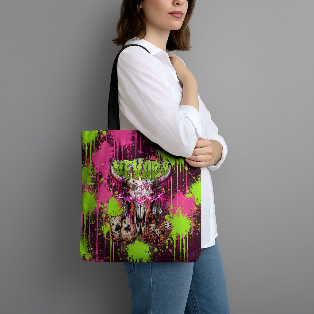 Nevada Area 51 Bull Skull Alien UFO Tote Bag Vibrant Pink Lime Paint Drip Graffiti Street Art Style
