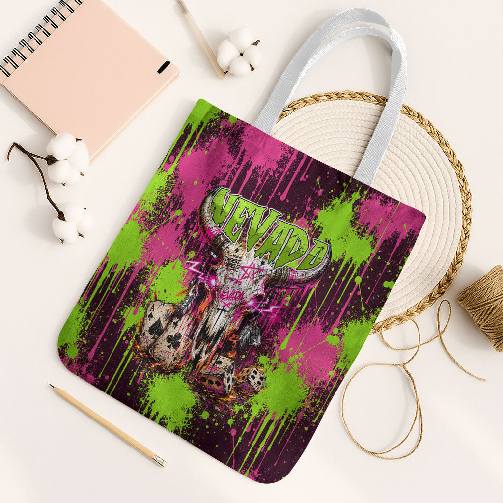 Nevada Area 51 Bull Skull Alien UFO Tote Bag Vibrant Pink Lime Paint Drip Graffiti Street Art Style