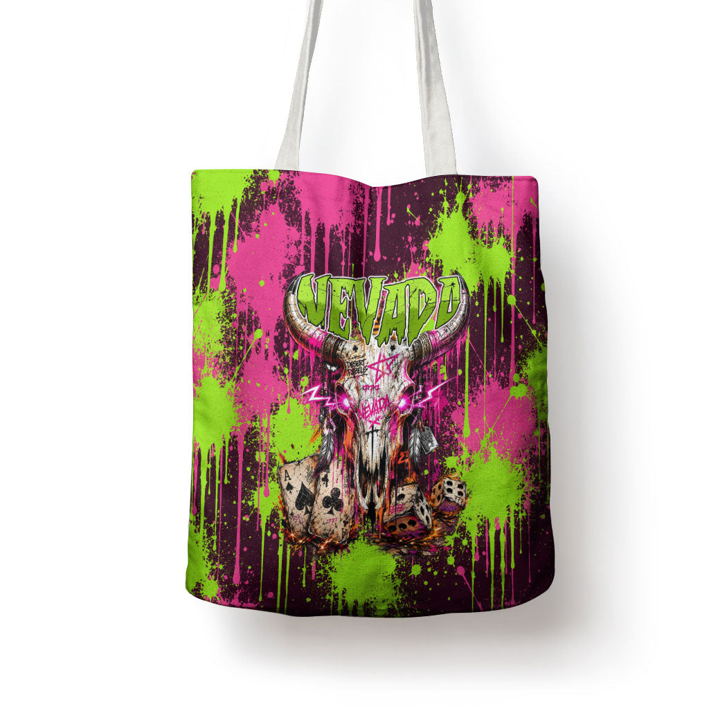 Nevada Area 51 Bull Skull Alien UFO Tote Bag Vibrant Pink Lime Paint Drip Graffiti Street Art Style