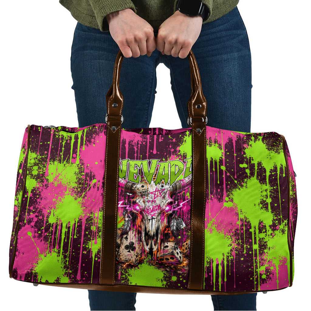 Nevada Area 51 Bull Skull Alien UFO Travel Bag Vibrant Pink Lime Paint Drip Graffiti Street Art Style