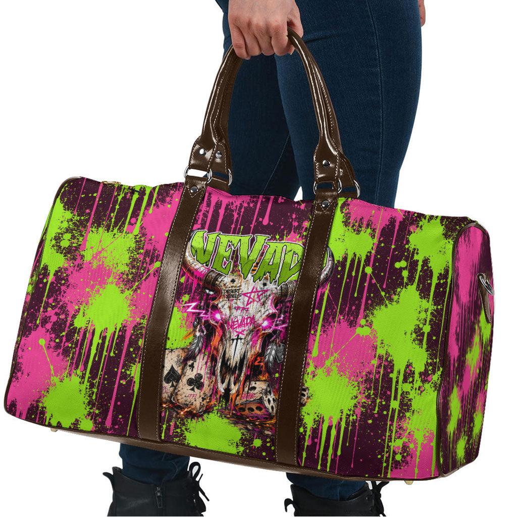 Nevada Area 51 Bull Skull Alien UFO Travel Bag Vibrant Pink Lime Paint Drip Graffiti Street Art Style