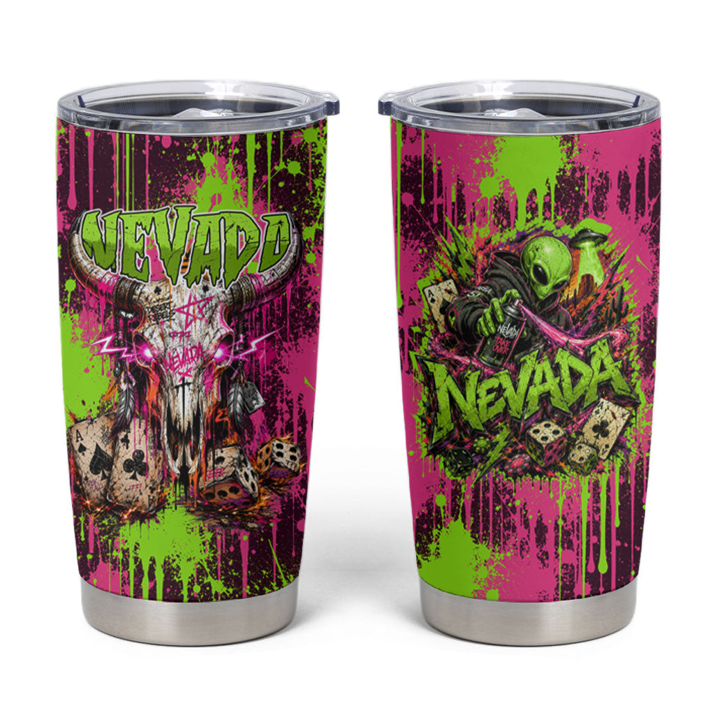 Nevada Area 51 Bull Skull Alien UFO Tumbler Cup Vibrant Pink Lime Paint Drip Graffiti Street Art Style