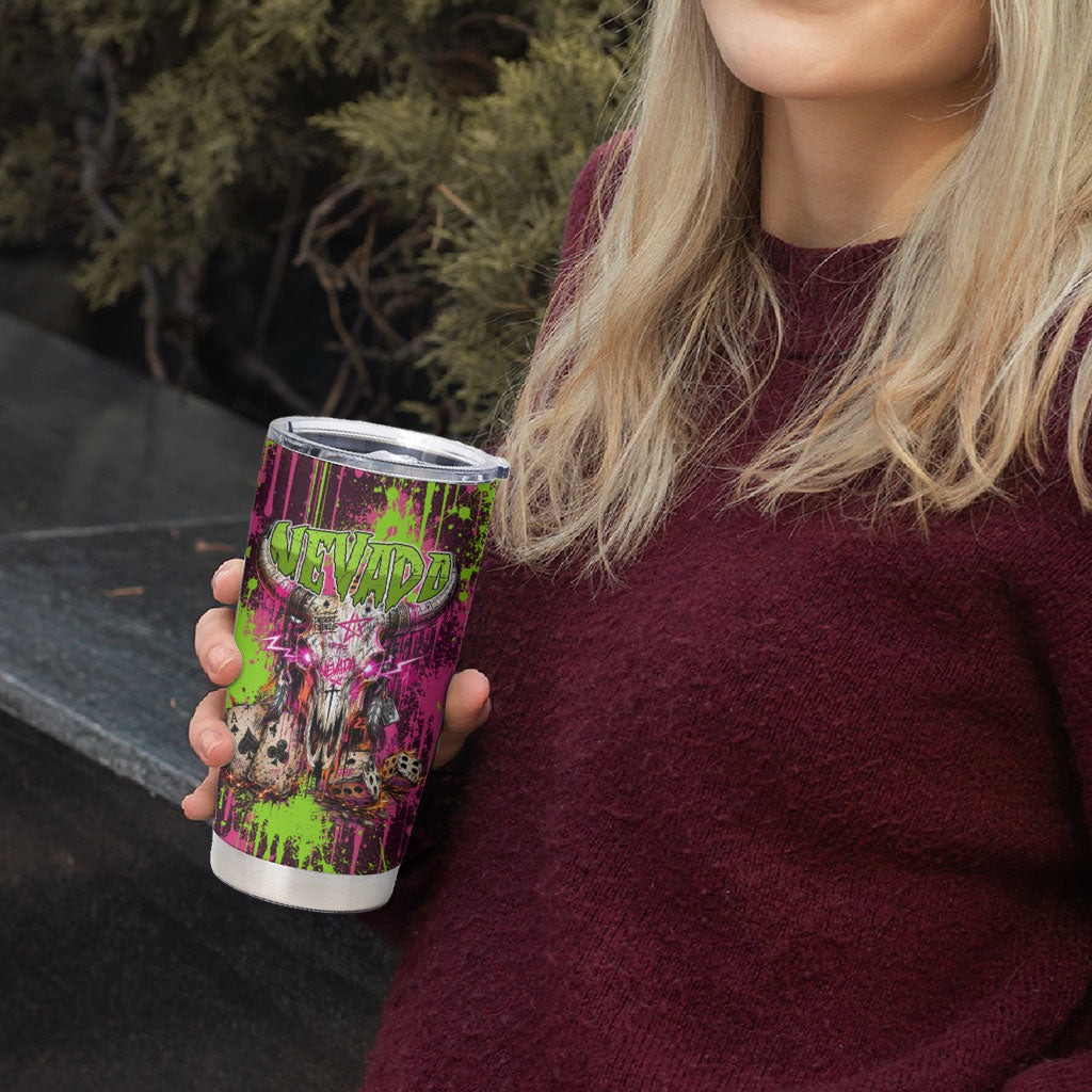 Nevada Area 51 Bull Skull Alien UFO Tumbler Cup Vibrant Pink Lime Paint Drip Graffiti Street Art Style