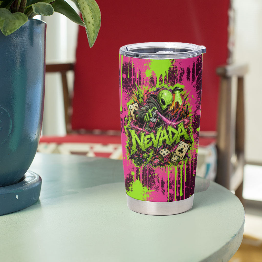 Nevada Area 51 Bull Skull Alien UFO Tumbler Cup Vibrant Pink Lime Paint Drip Graffiti Street Art Style