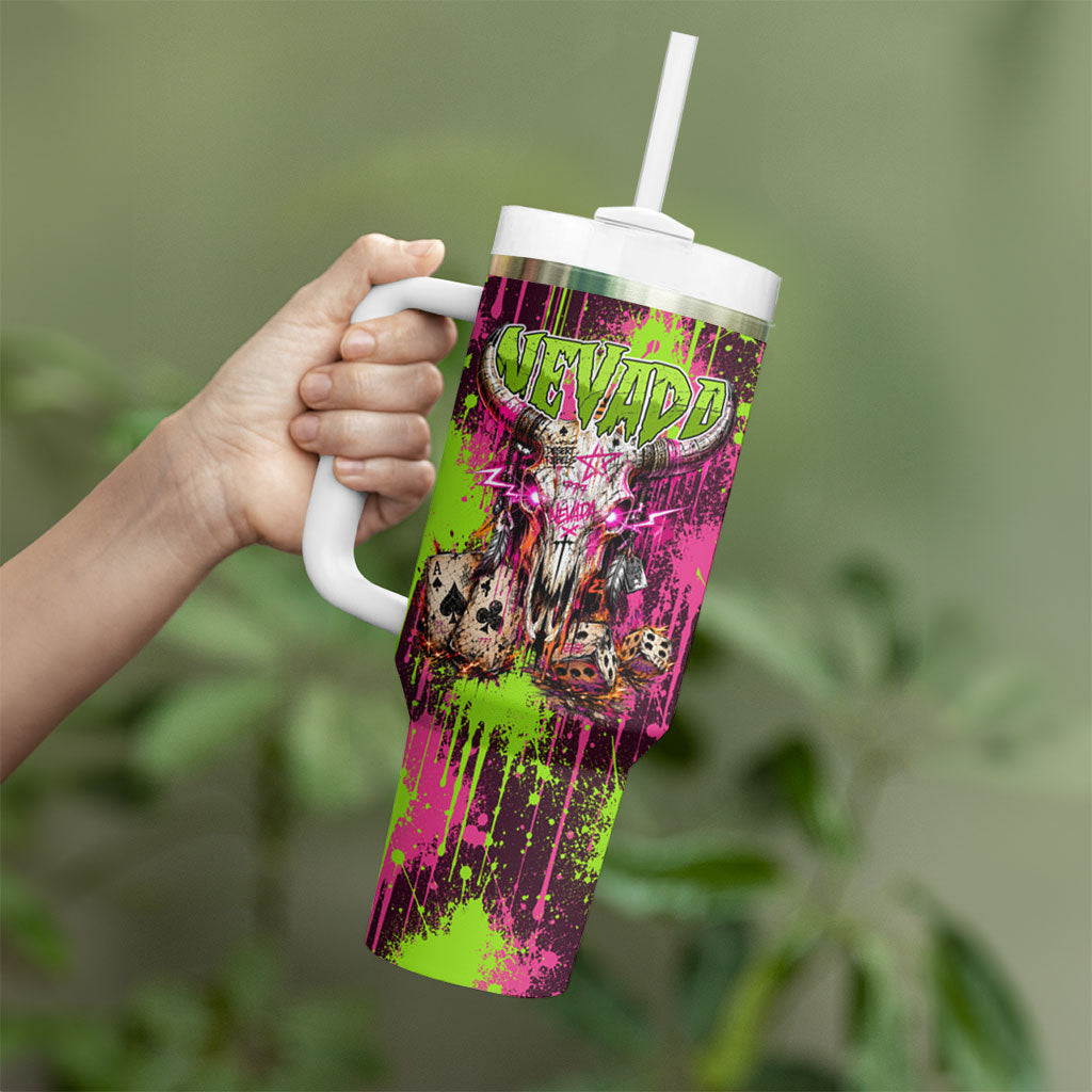 Nevada Area 51 Bull Skull Alien UFO Tumbler With Handle Vibrant Pink Lime Paint Drip Graffiti Street Art Style