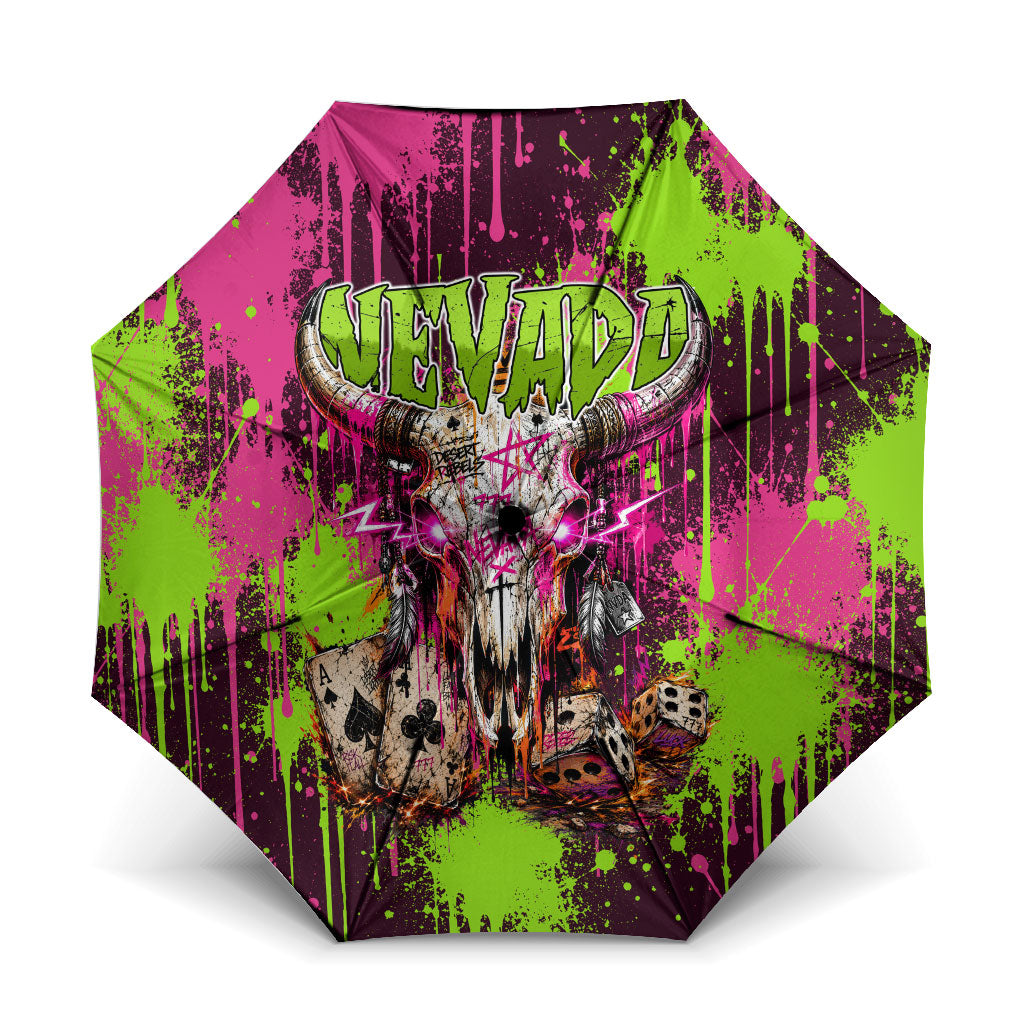 Nevada Area 51 Bull Skull Alien UFO Umbrella Vibrant Pink Lime Paint Drip Graffiti Street Art Style