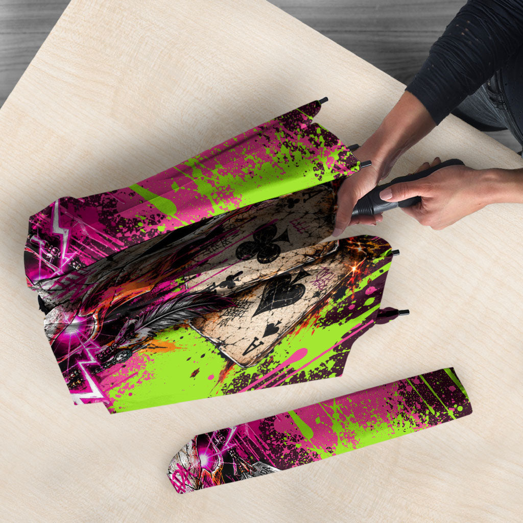 Nevada Area 51 Bull Skull Alien UFO Umbrella Vibrant Pink Lime Paint Drip Graffiti Street Art Style