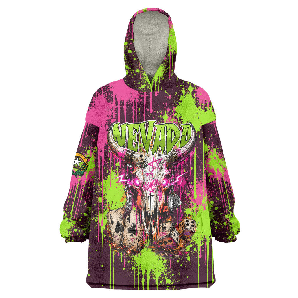 Nevada Area 51 Bull Skull Alien UFO Wearable Blanket Hoodie Vibrant Pink Lime Paint Drip Graffiti Street Art Style