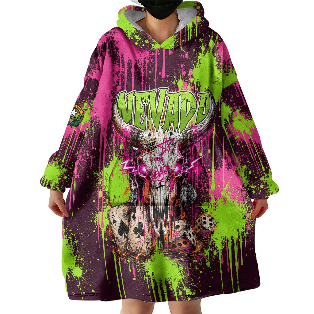 Nevada Area 51 Bull Skull Alien UFO Wearable Blanket Hoodie Vibrant Pink Lime Paint Drip Graffiti Street Art Style