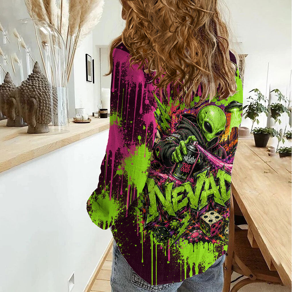 Nevada Area 51 Bull Skull Alien UFO Women Casual Shirt Vibrant Pink Lime Paint Drip Graffiti Street Art Style