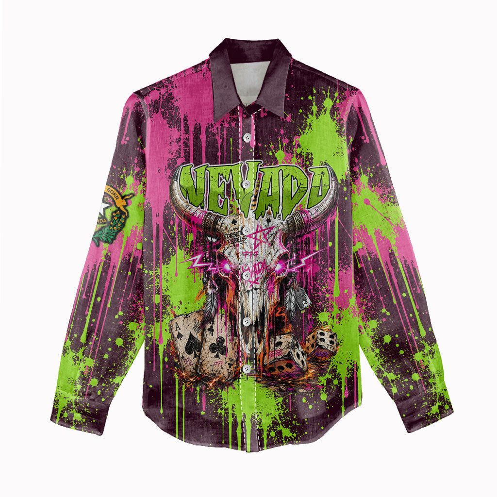 Nevada Area 51 Bull Skull Alien UFO Women Casual Shirt Vibrant Pink Lime Paint Drip Graffiti Street Art Style