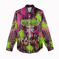 Nevada Area 51 Bull Skull Alien UFO Women Casual Shirt Vibrant Pink Lime Paint Drip Graffiti Street Art Style