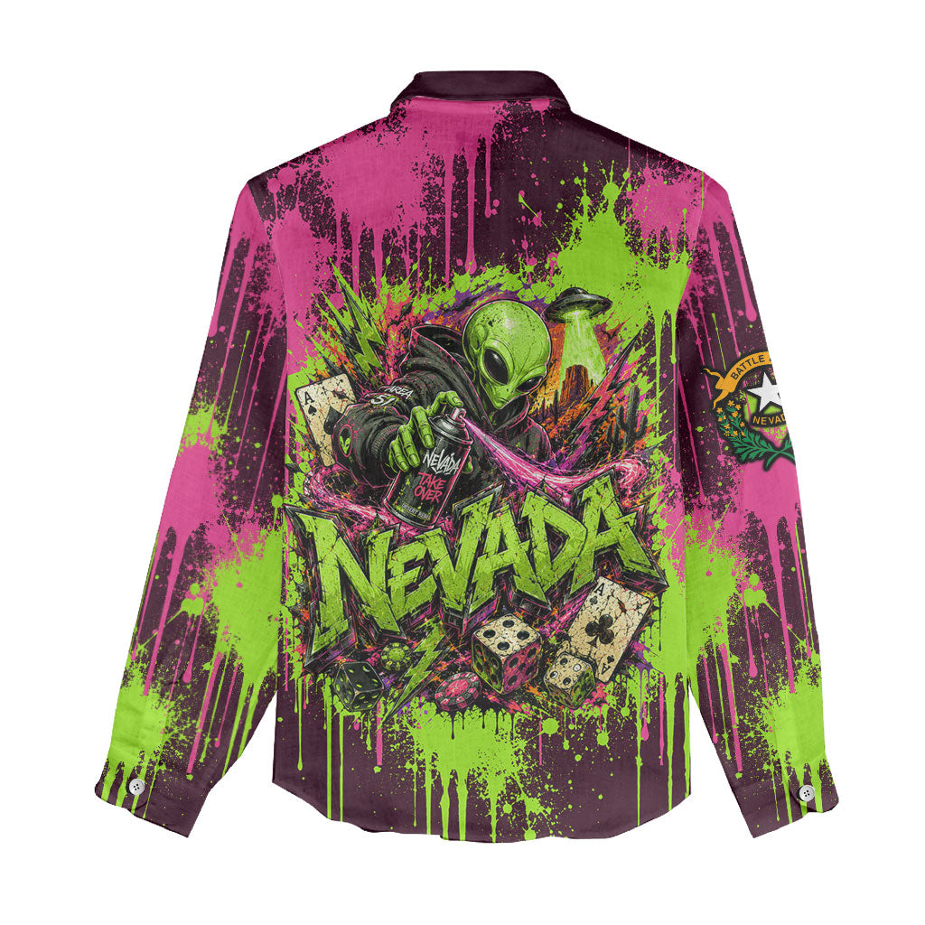Nevada Area 51 Bull Skull Alien UFO Women Casual Shirt Vibrant Pink Lime Paint Drip Graffiti Street Art Style