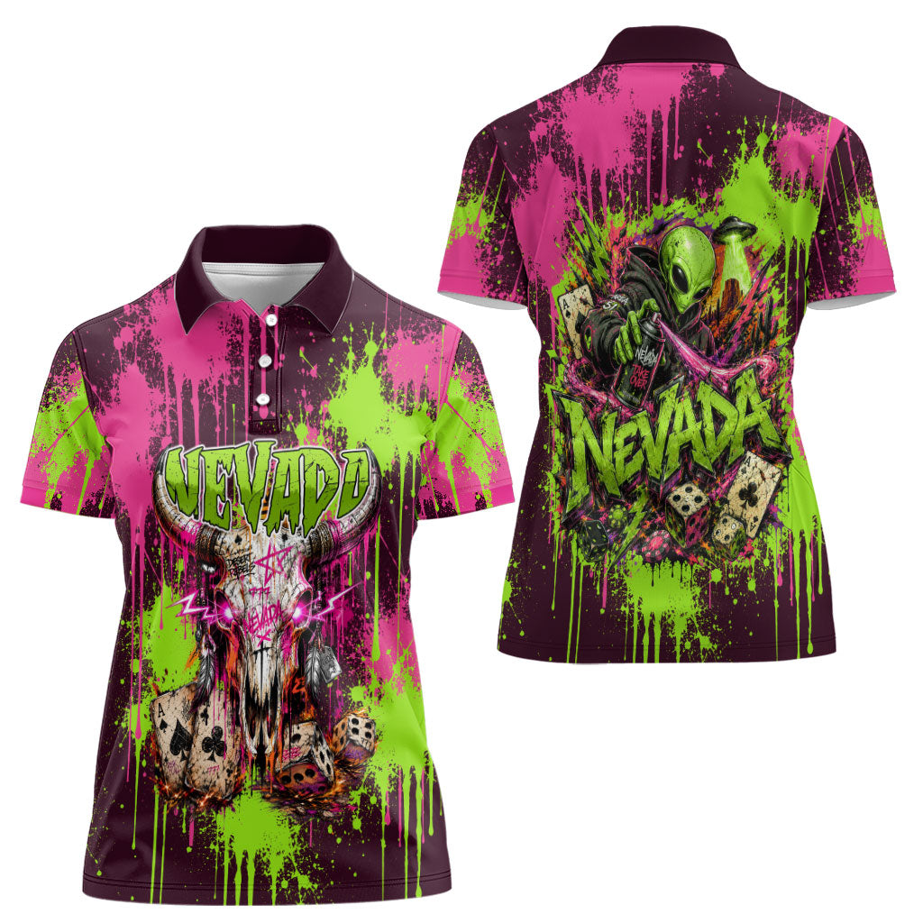 Nevada Area 51 Bull Skull Alien UFO Women Polo Shirt Vibrant Pink Lime Paint Drip Graffiti Street Art Style