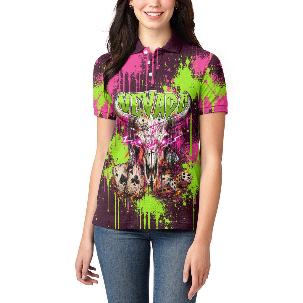 Nevada Area 51 Bull Skull Alien UFO Women Polo Shirt Vibrant Pink Lime Paint Drip Graffiti Street Art Style