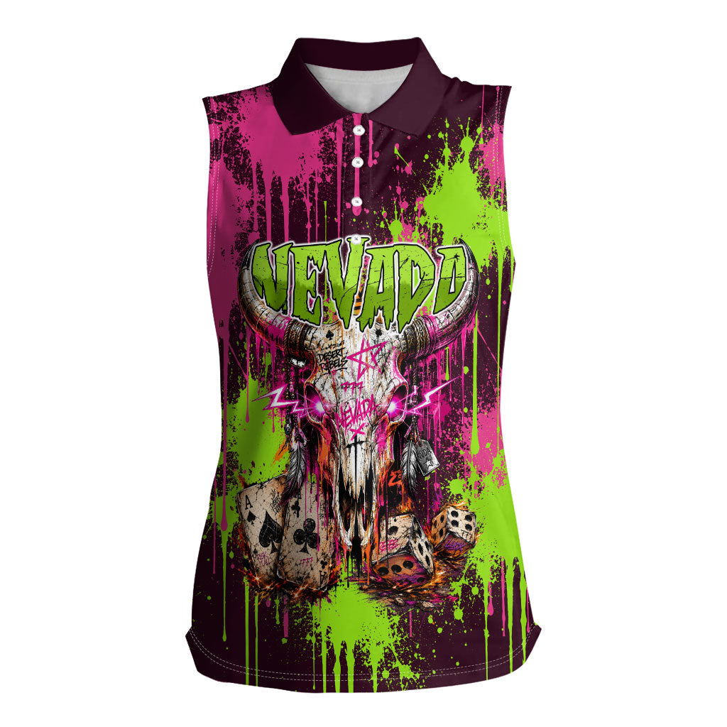 Nevada Area 51 Bull Skull Alien UFO Women Sleeveless Polo Shirt Vibrant Pink Lime Paint Drip Graffiti Street Art Style