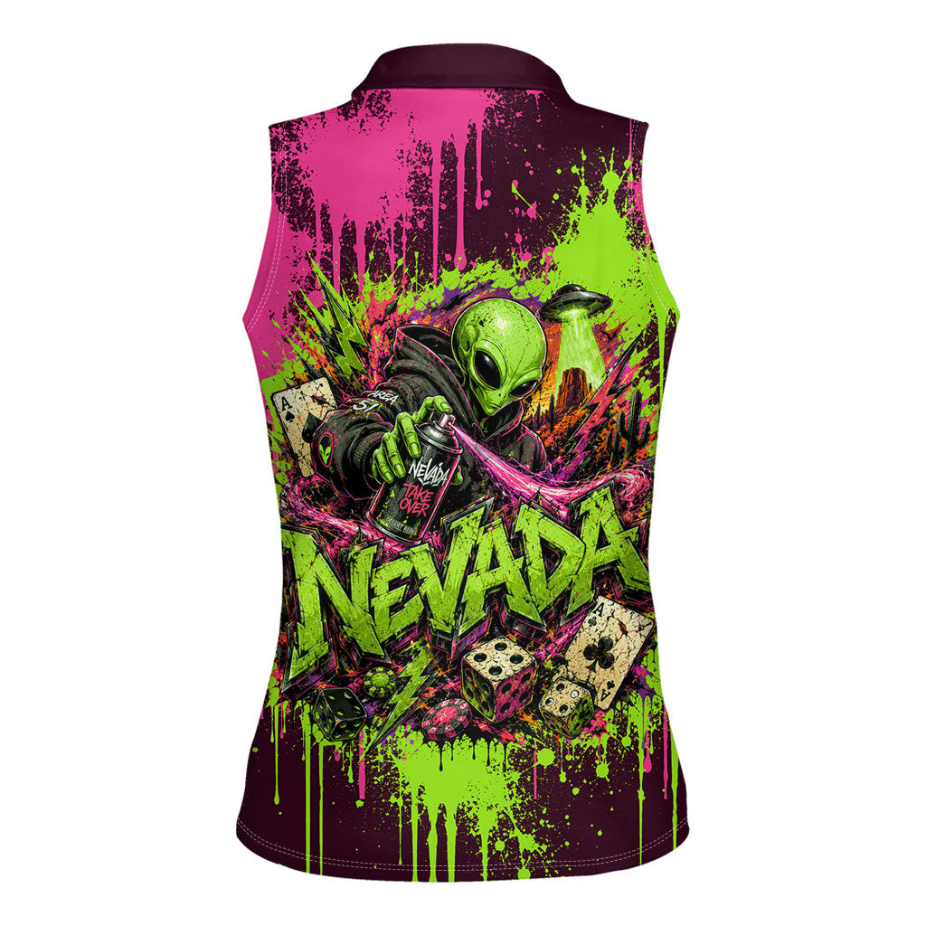 Nevada Area 51 Bull Skull Alien UFO Women Sleeveless Polo Shirt Vibrant Pink Lime Paint Drip Graffiti Street Art Style