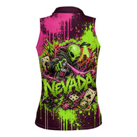 Nevada Area 51 Bull Skull Alien UFO Women Sleeveless Polo Shirt Vibrant Pink Lime Paint Drip Graffiti Street Art Style
