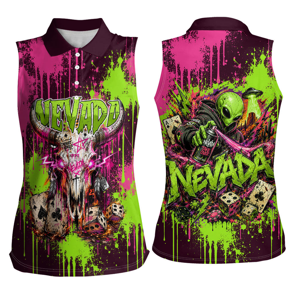 Nevada Area 51 Bull Skull Alien UFO Women Sleeveless Polo Shirt Vibrant Pink Lime Paint Drip Graffiti Street Art Style