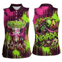 Nevada Area 51 Bull Skull Alien UFO Women Sleeveless Polo Shirt Vibrant Pink Lime Paint Drip Graffiti Street Art Style