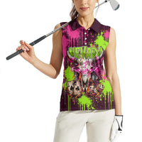 Nevada Area 51 Bull Skull Alien UFO Women Sleeveless Polo Shirt Vibrant Pink Lime Paint Drip Graffiti Street Art Style