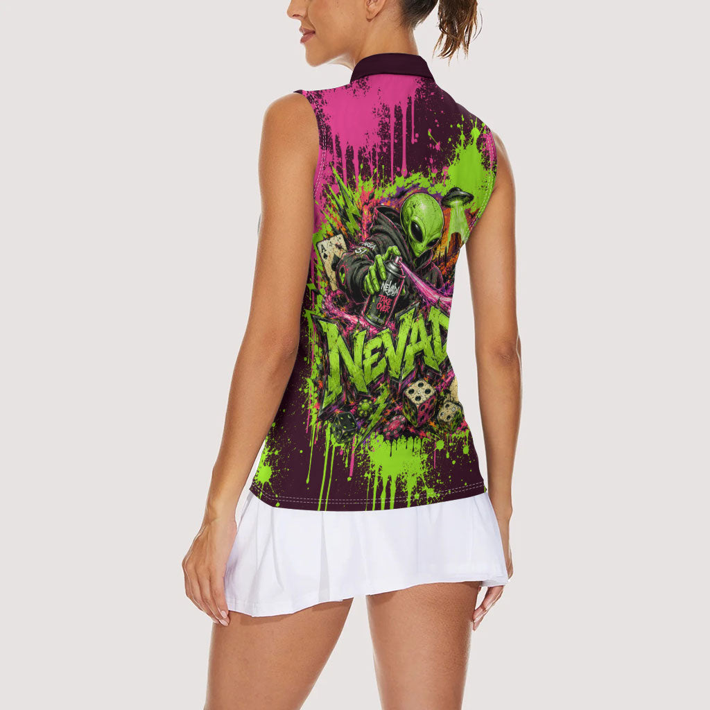 Nevada Area 51 Bull Skull Alien UFO Women Sleeveless Polo Shirt Vibrant Pink Lime Paint Drip Graffiti Street Art Style