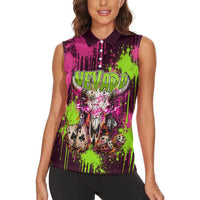 Nevada Area 51 Bull Skull Alien UFO Women Sleeveless Polo Shirt Vibrant Pink Lime Paint Drip Graffiti Street Art Style