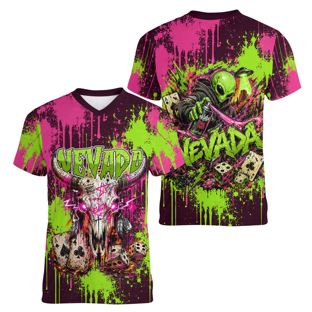 Nevada Area 51 Bull Skull Alien UFO Women V-Neck T-Shirt Vibrant Pink Lime Paint Drip Graffiti Street Art Style