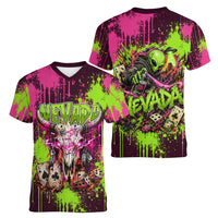 Nevada Area 51 Bull Skull Alien UFO Women V-Neck T-Shirt Vibrant Pink Lime Paint Drip Graffiti Street Art Style