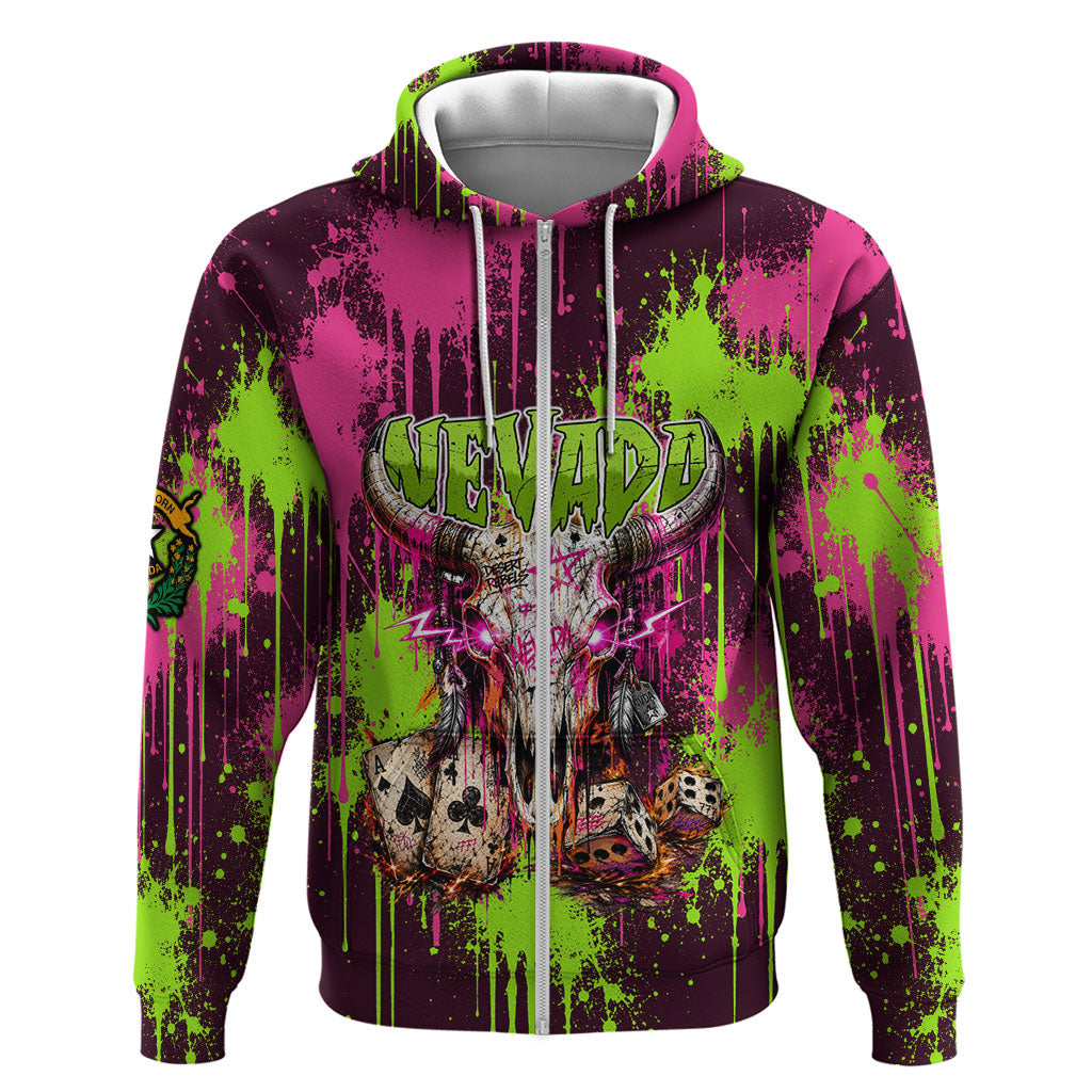 Nevada Area 51 Bull Skull Alien UFO Zip Hoodie Vibrant Pink Lime Paint Drip Graffiti Street Art Style