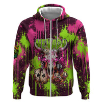 Nevada Area 51 Bull Skull Alien UFO Zip Hoodie Vibrant Pink Lime Paint Drip Graffiti Street Art Style