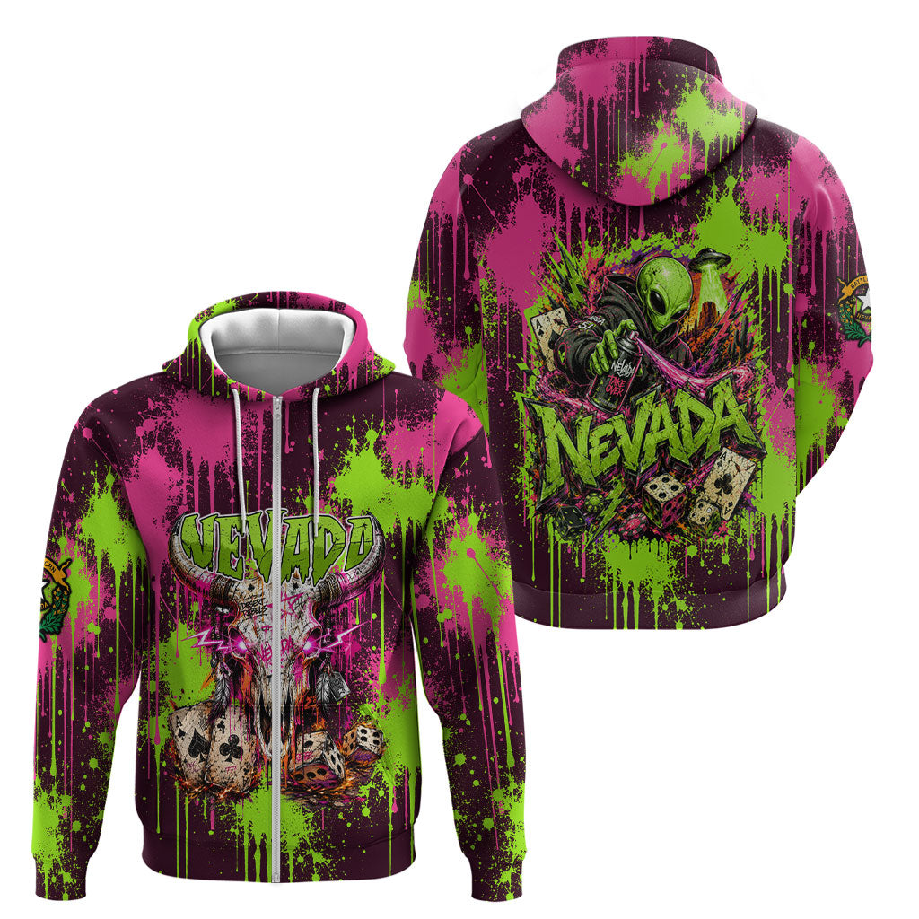Nevada Area 51 Bull Skull Alien UFO Zip Hoodie Vibrant Pink Lime Paint Drip Graffiti Street Art Style
