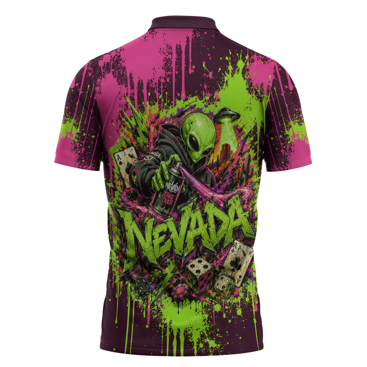 Nevada Area 51 Bull Skull Alien UFO Zipper Polo Shirt Vibrant Pink Lime Paint Drip Graffiti Street Art Style