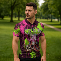 Nevada Area 51 Bull Skull Alien UFO Zipper Polo Shirt Vibrant Pink Lime Paint Drip Graffiti Street Art Style