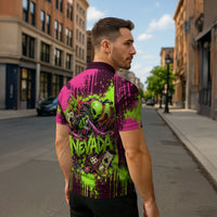 Nevada Area 51 Bull Skull Alien UFO Zipper Polo Shirt Vibrant Pink Lime Paint Drip Graffiti Street Art Style