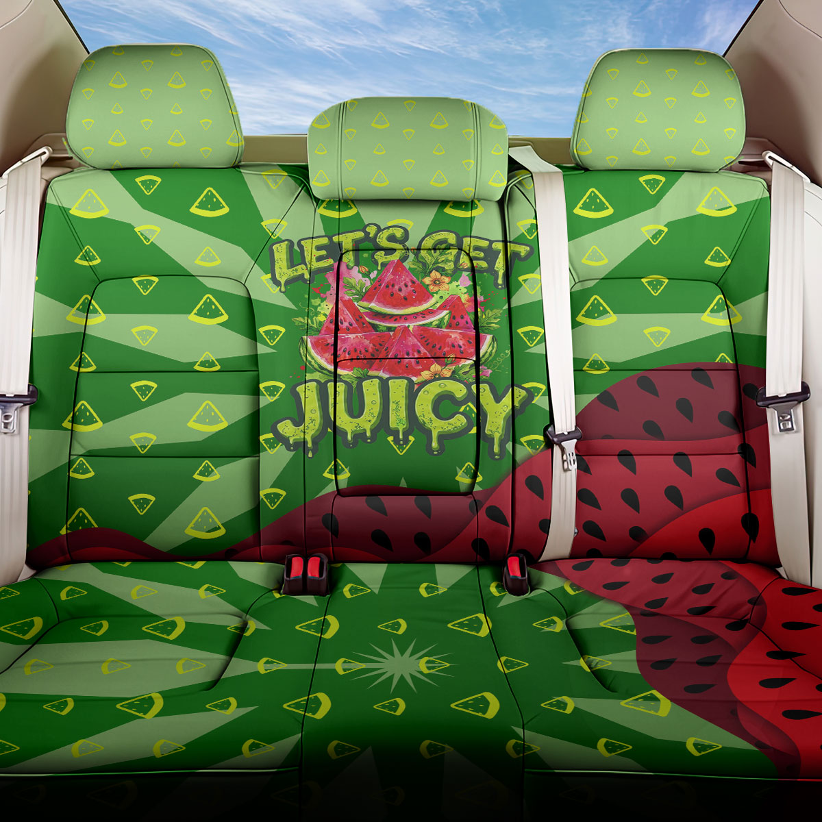 Let's Get Juicy Waterwasted Watermelon Back Car Seat Cover Funny Cartoon Summer Fruit Party Art