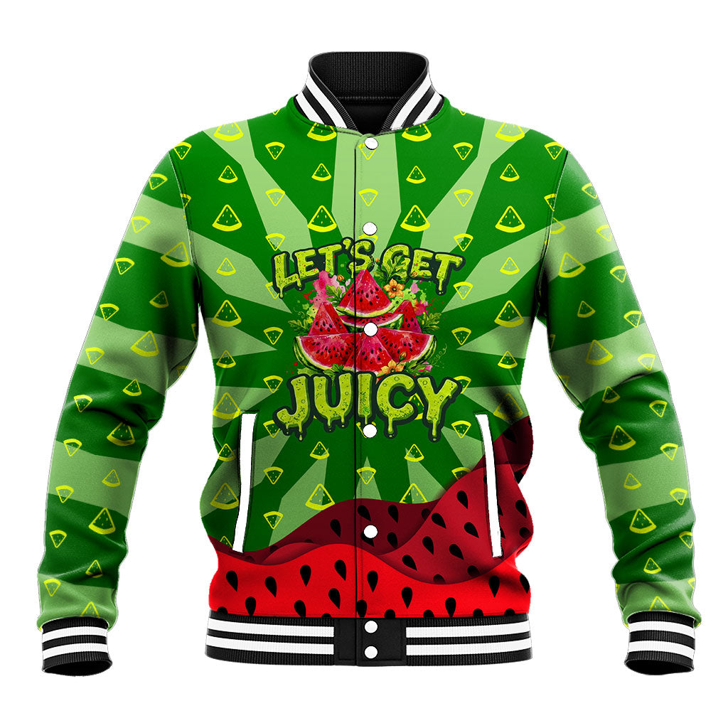 Let's Get Juicy Waterwasted Watermelon Baseball Jacket Funny Cartoon Summer Fruit Party Art
