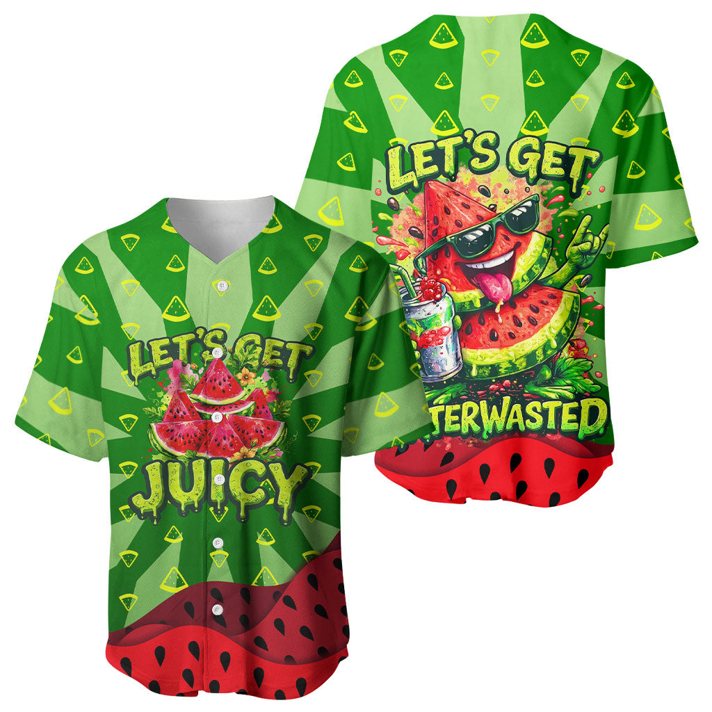 Let's Get Juicy Waterwasted Watermelon Baseball Jersey Funny Cartoon Summer Fruit Party Art