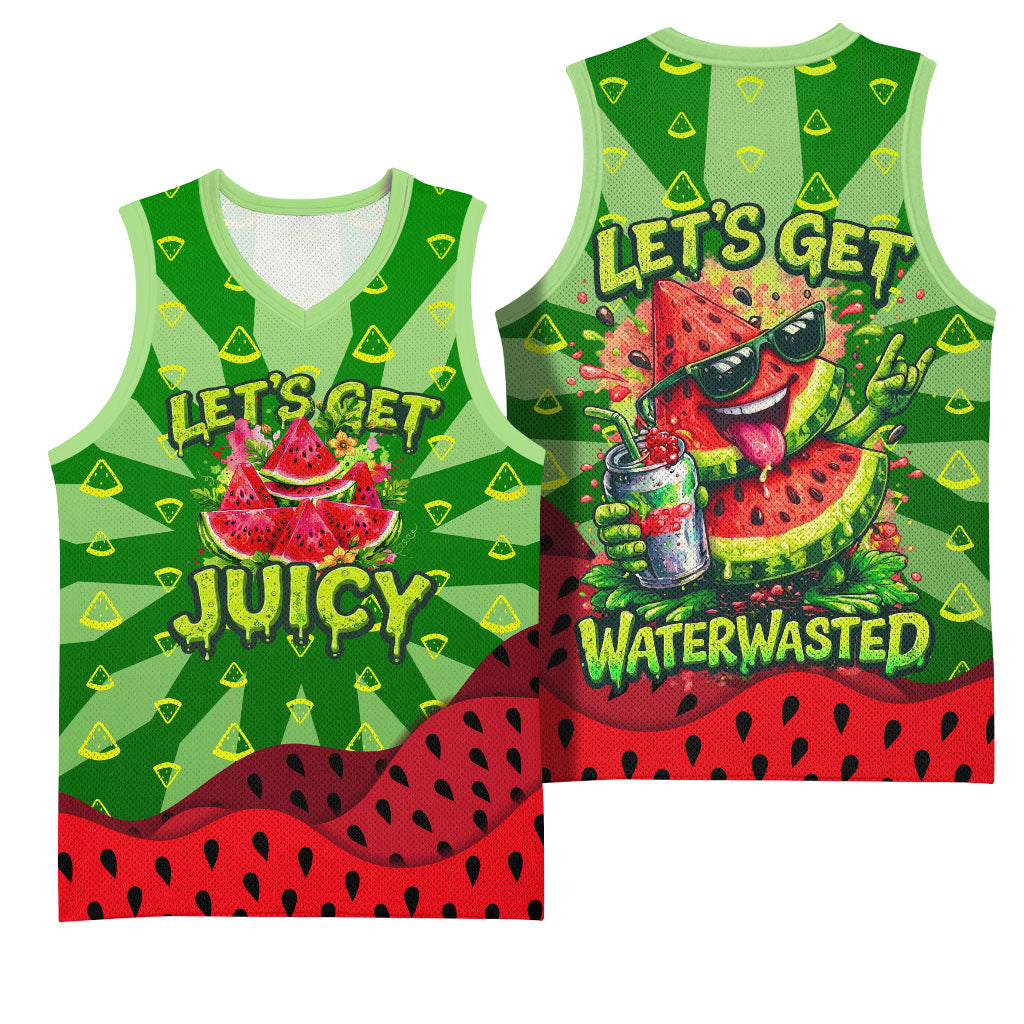 Let's Get Juicy Waterwasted Watermelon Basketball Jersey Funny Cartoon Summer Fruit Party Art