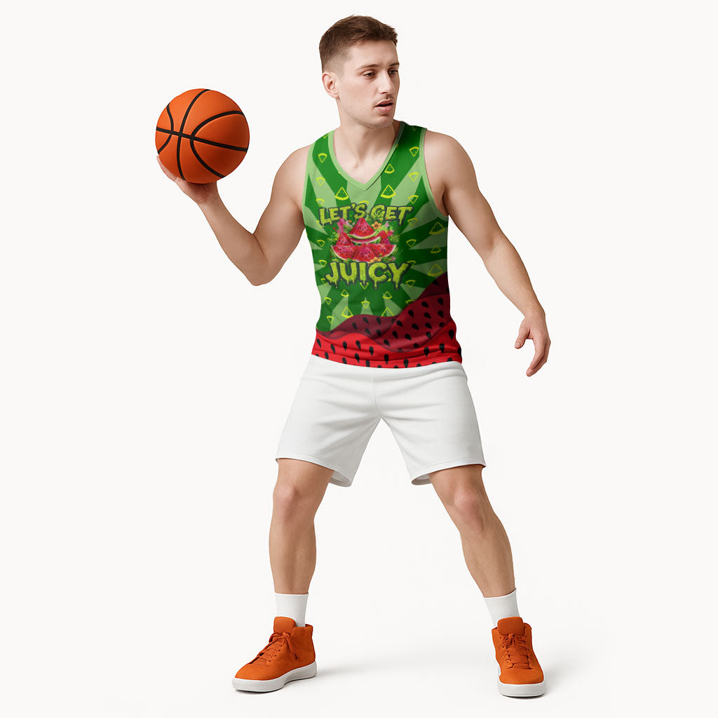 Let's Get Juicy Waterwasted Watermelon Basketball Jersey Funny Cartoon Summer Fruit Party Art