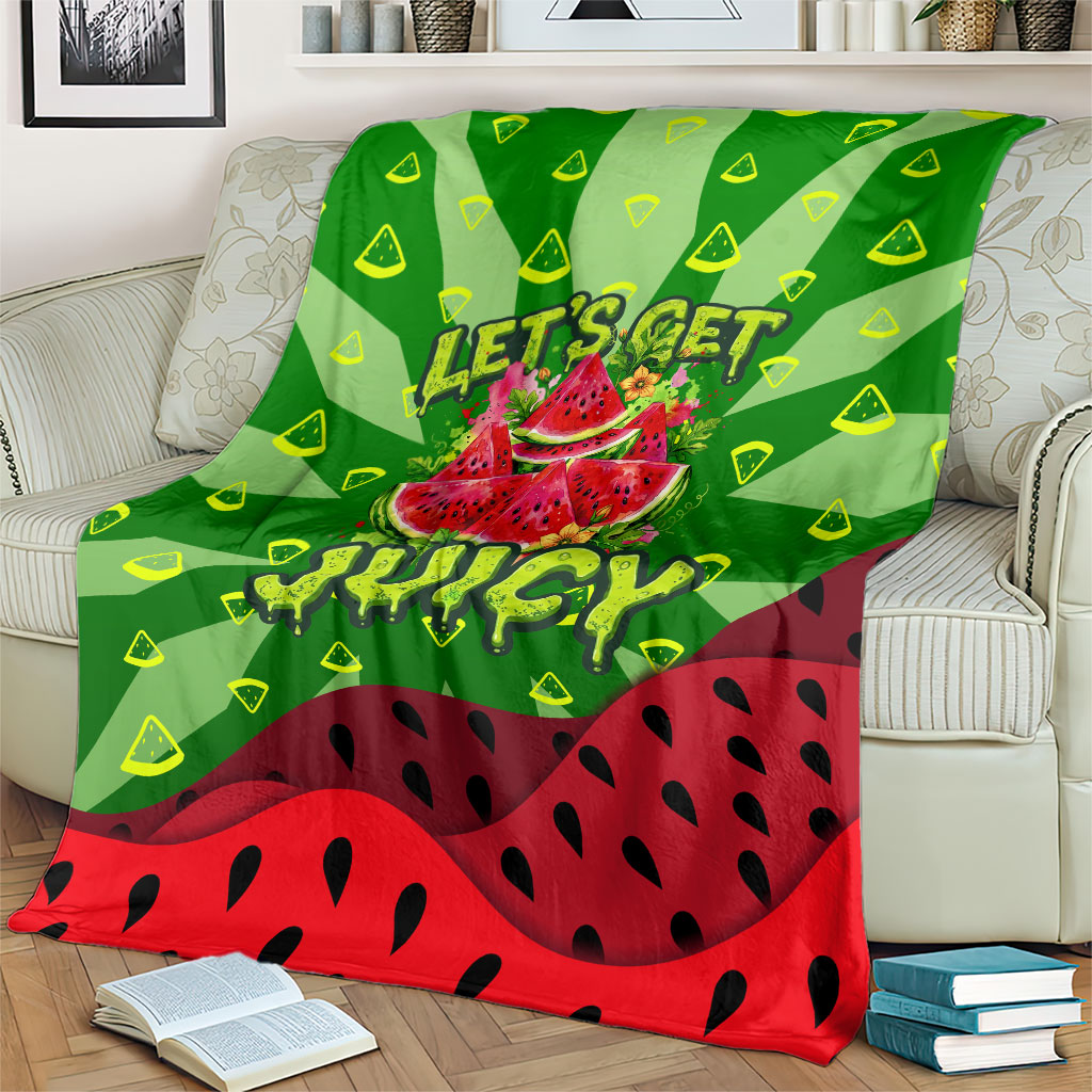 Let's Get Juicy Waterwasted Watermelon Blanket Funny Cartoon Summer Fruit Party Art