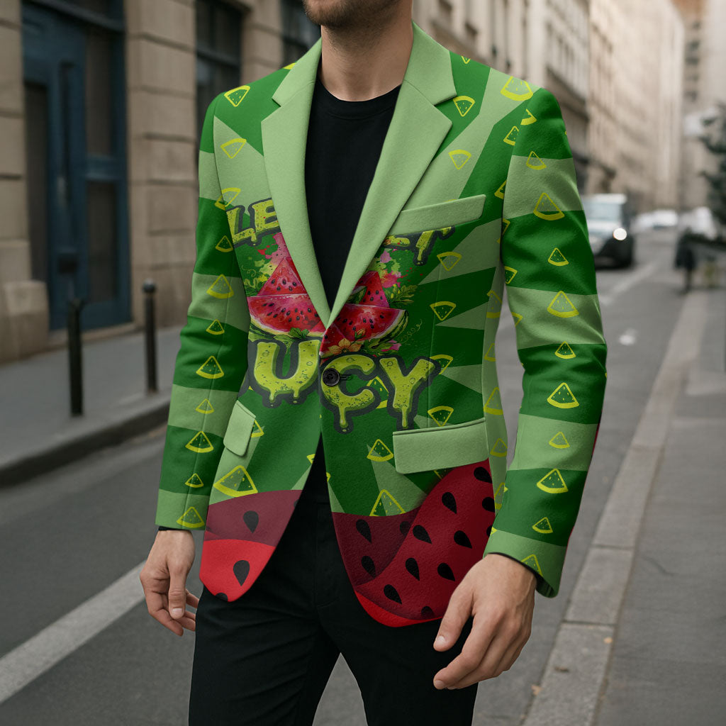 Let's Get Juicy Waterwasted Watermelon Blazer Funny Cartoon Summer Fruit Party Art