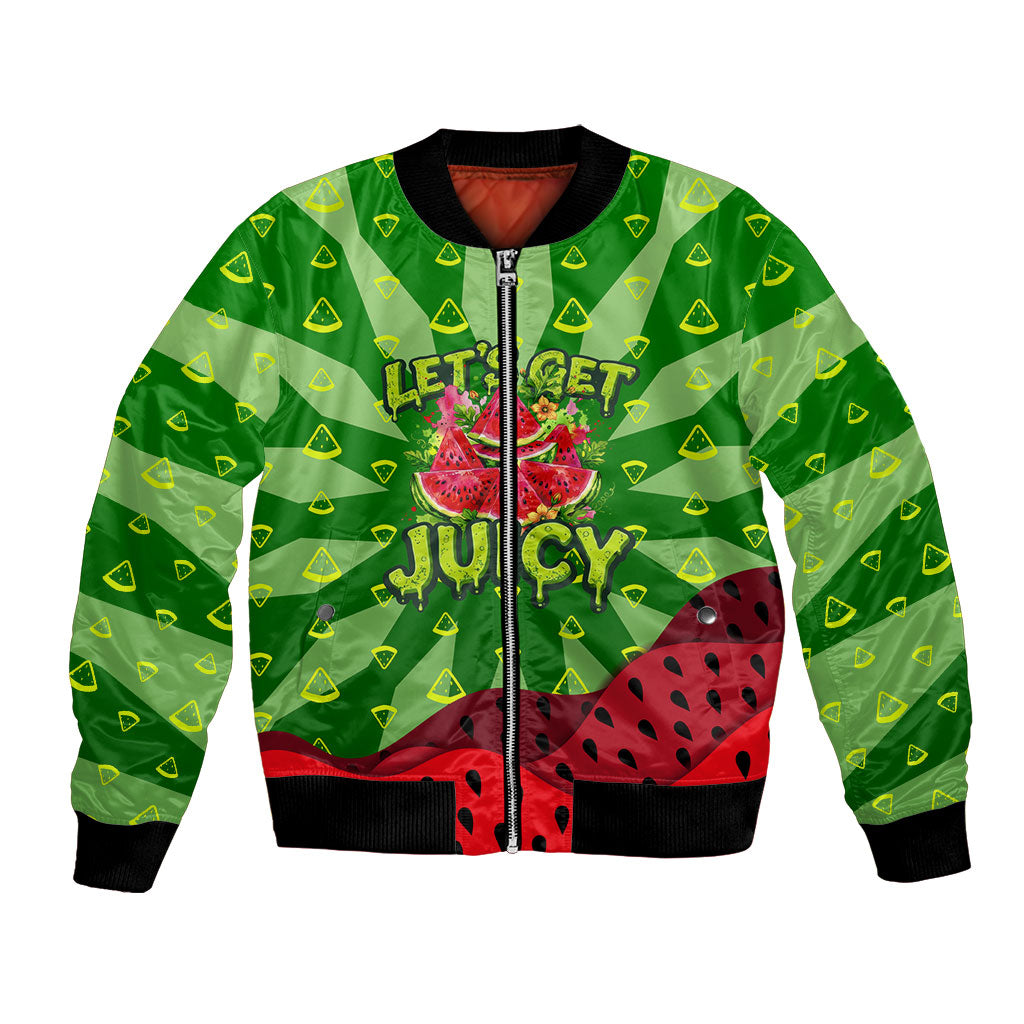 Let's Get Juicy Waterwasted Watermelon Bomber Jacket Funny Cartoon Summer Fruit Party Art