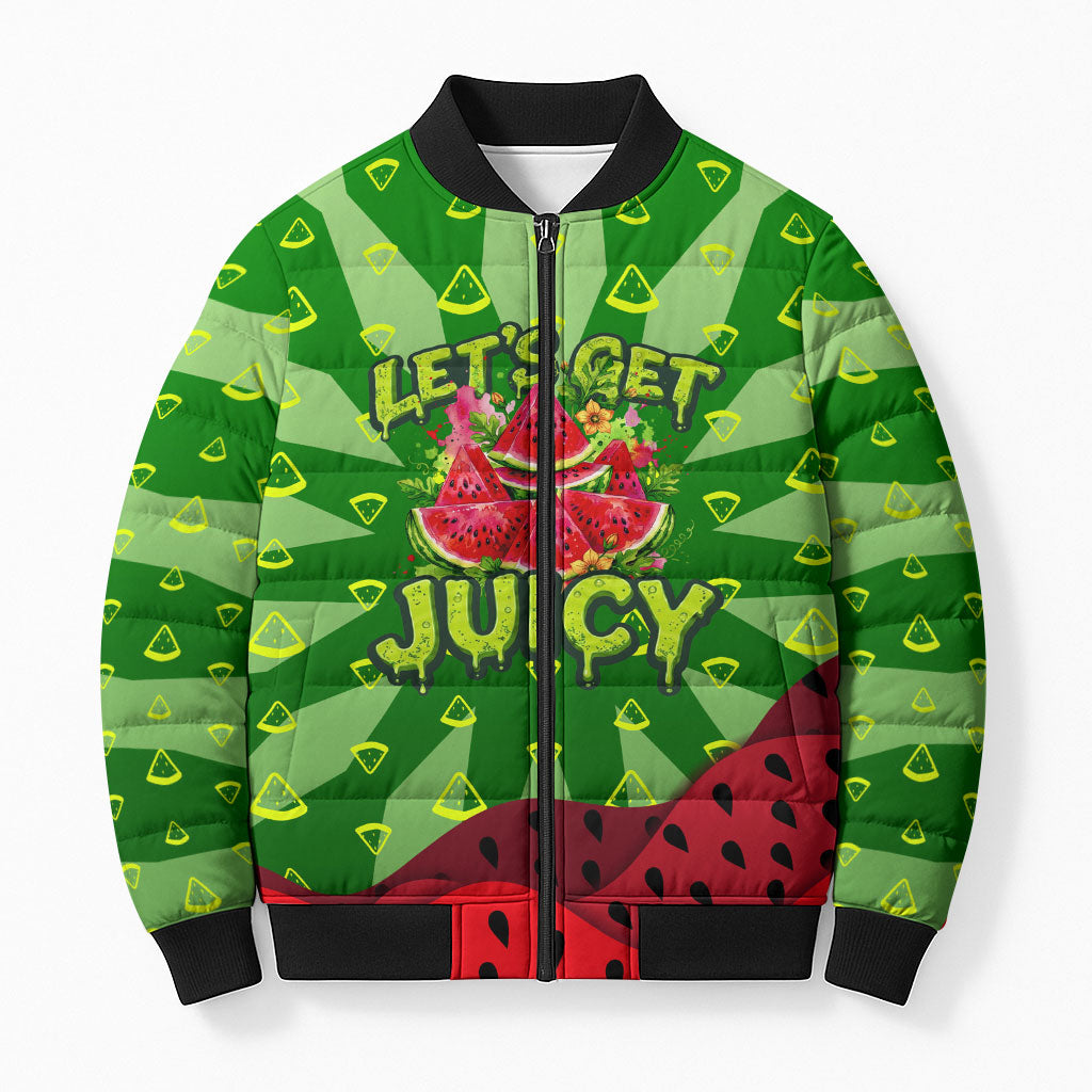 Let's Get Juicy Waterwasted Watermelon Bomber Puffer Jacket Funny Cartoon Summer Fruit Party Art