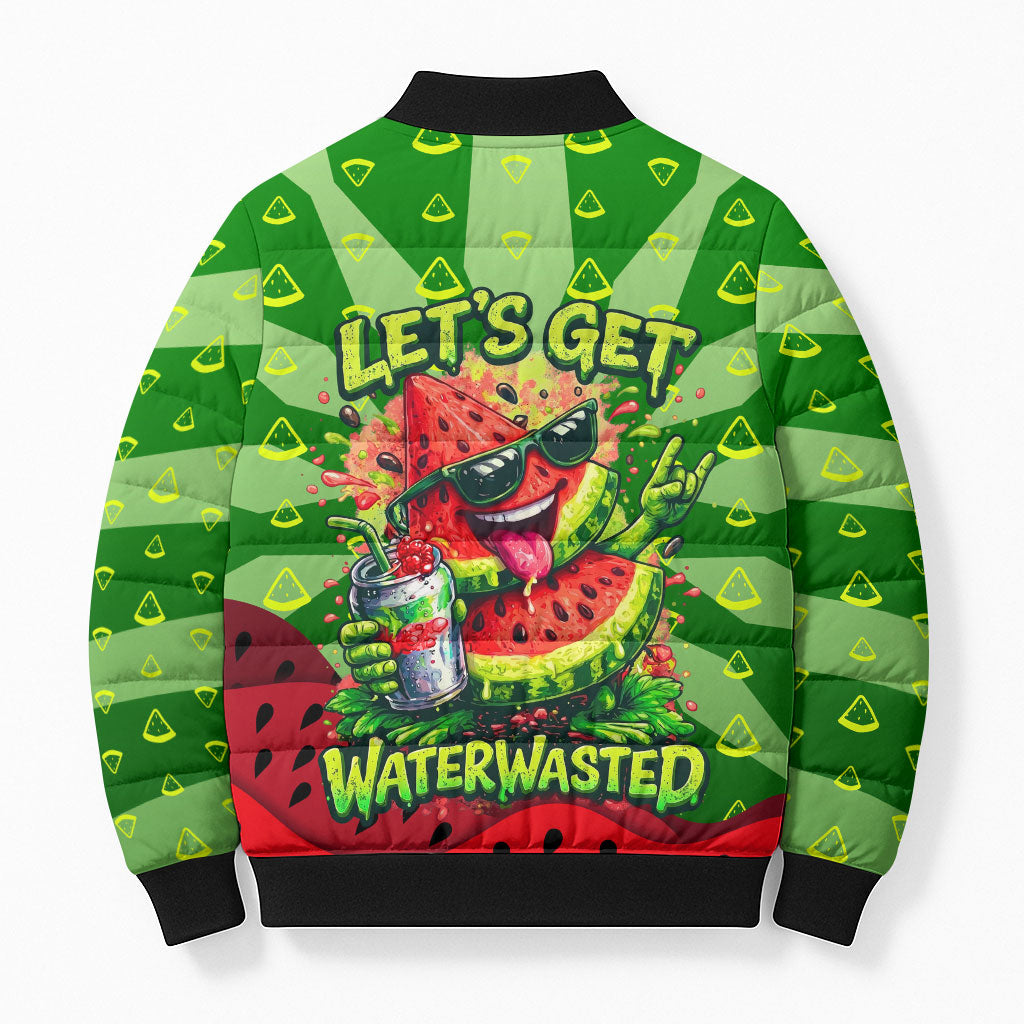 Let's Get Juicy Waterwasted Watermelon Bomber Puffer Jacket Funny Cartoon Summer Fruit Party Art