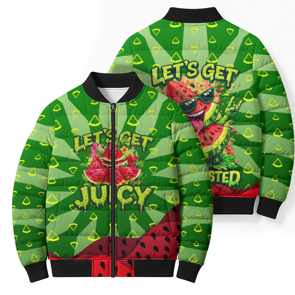 Let's Get Juicy Waterwasted Watermelon Bomber Puffer Jacket Funny Cartoon Summer Fruit Party Art