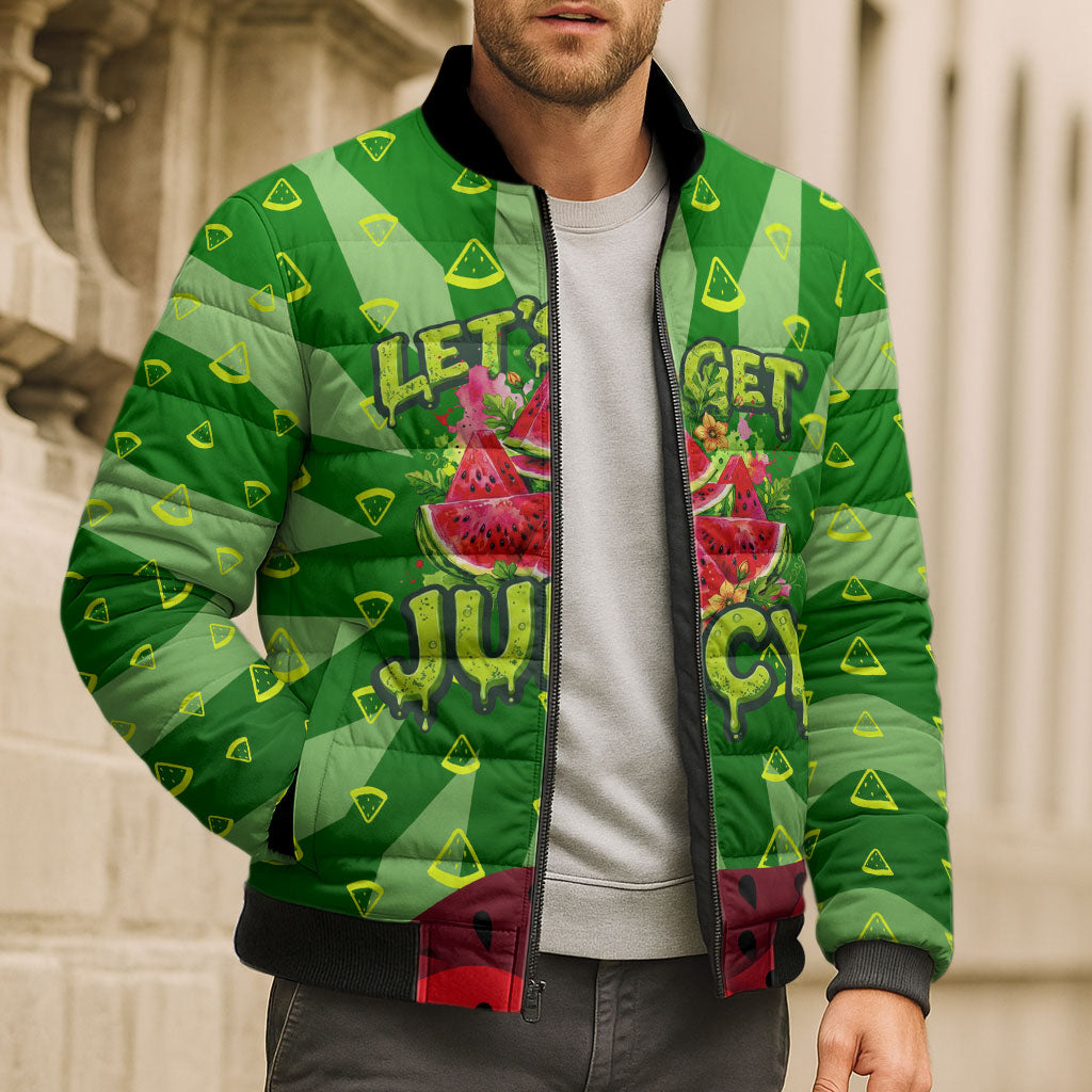 Let's Get Juicy Waterwasted Watermelon Bomber Puffer Jacket Funny Cartoon Summer Fruit Party Art