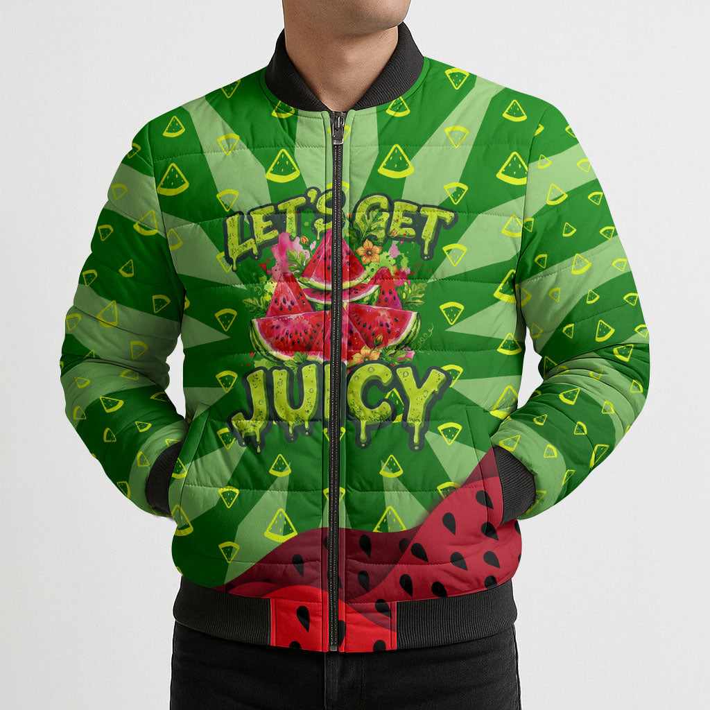 Let's Get Juicy Waterwasted Watermelon Bomber Puffer Jacket Funny Cartoon Summer Fruit Party Art