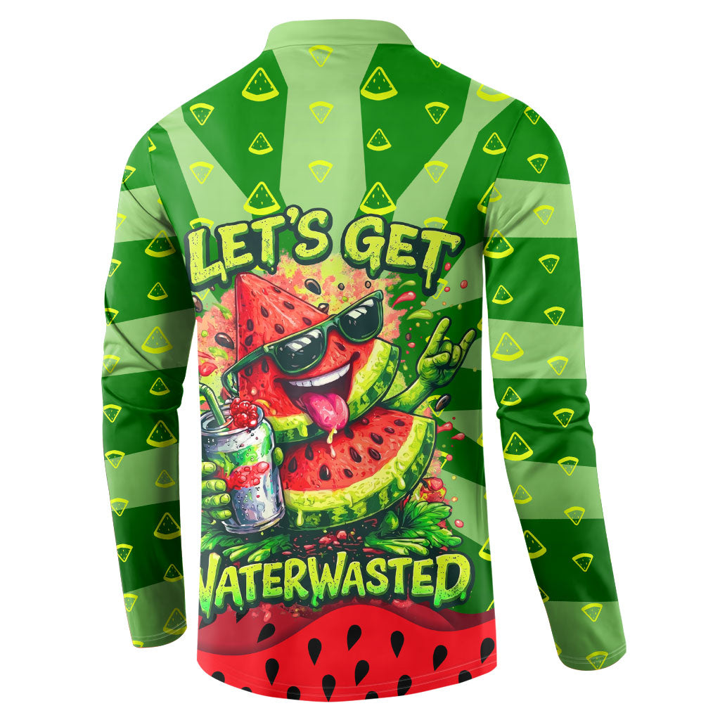 Let's Get Juicy Waterwasted Watermelon Button Sweatshirt Funny Cartoon Summer Fruit Party Art
